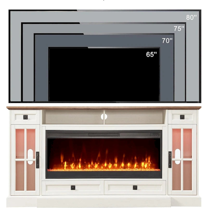 70" Farmhouse Electric Fireplace TV Stand with 4 Drawers and LED Lighting, Multi-Color