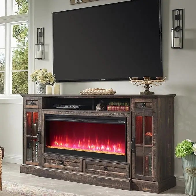 70" Farmhouse Electric Fireplace TV Stand with 4 Drawers and LED Lighting, Multi-Color