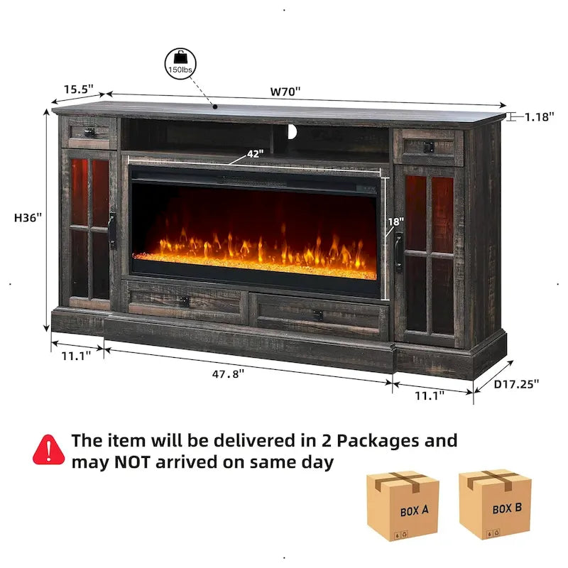 70" Farmhouse Electric Fireplace TV Stand with 4 Drawers and LED Lighting, Multi-Color