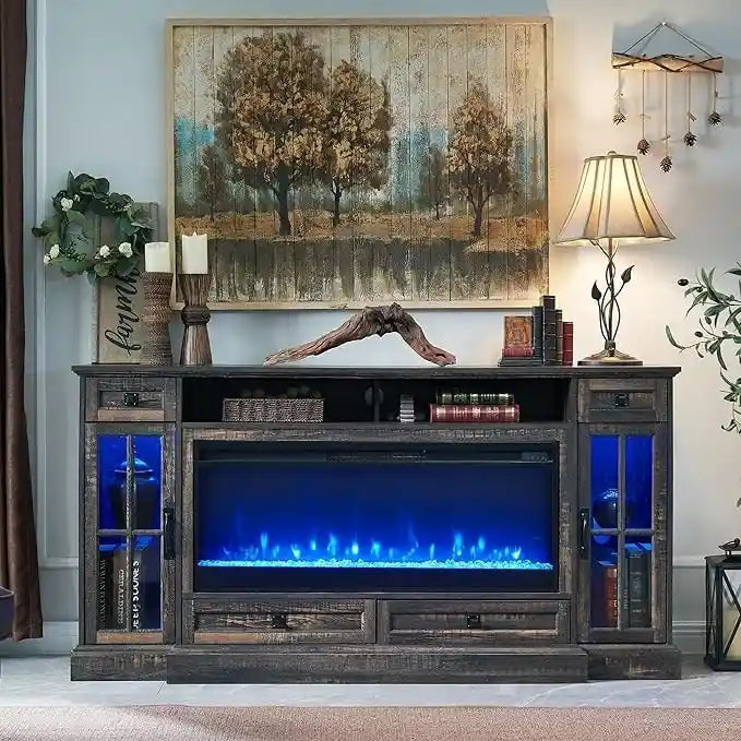 70" Farmhouse Electric Fireplace TV Stand with 4 Drawers and LED Lighting, Multi-Color