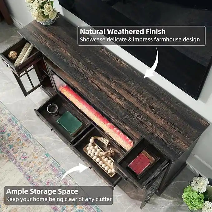70" Farmhouse Electric Fireplace TV Stand with 4 Drawers and LED Lighting, Multi-Color