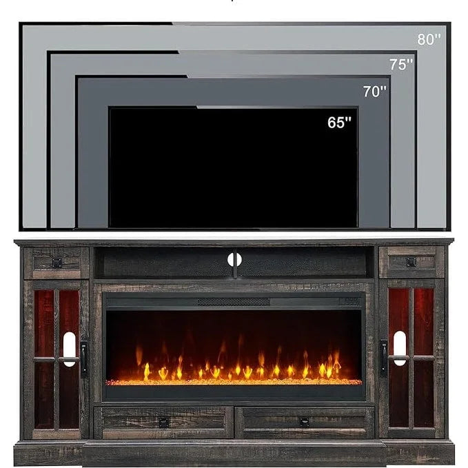 70" Farmhouse Electric Fireplace TV Stand with 4 Drawers and LED Lighting, Multi-Color
