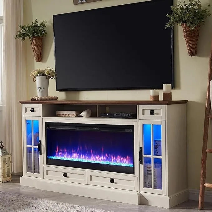 70" Farmhouse Electric Fireplace TV Stand with 4 Drawers and LED Lighting, Multi-Color