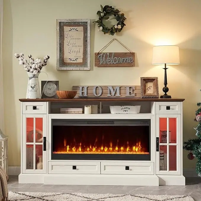 70" Farmhouse Electric Fireplace TV Stand with 4 Drawers and LED Lighting, Multi-Color