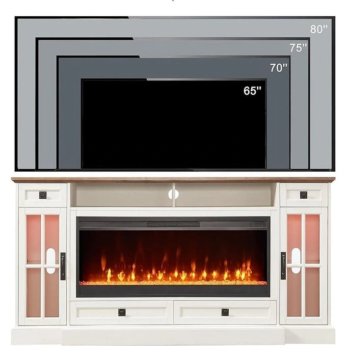 70" Farmhouse Electric Fireplace TV Stand with 4 Drawers and LED Lighting, Multi-Color