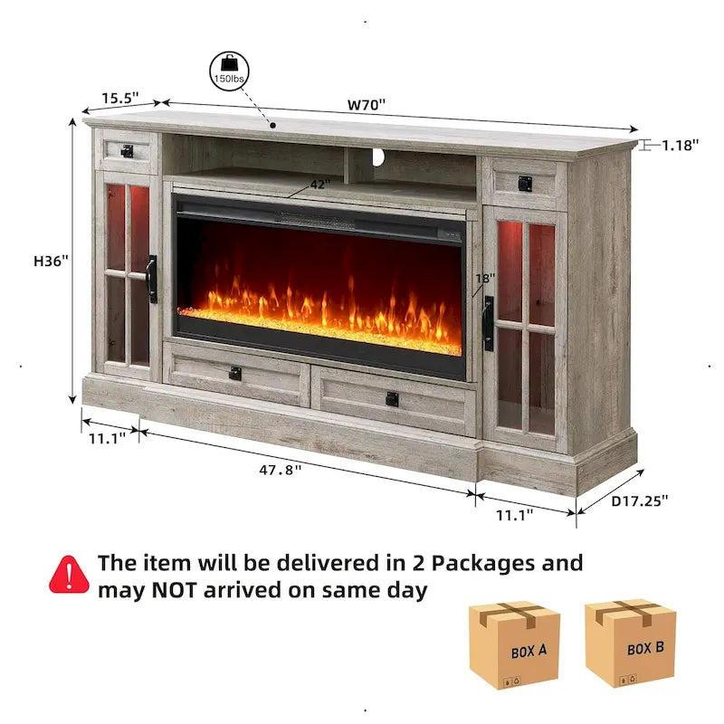 70" Farmhouse Electric Fireplace TV Stand with 4 Drawers and LED Lighting, Multi-Color