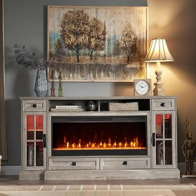 70" Farmhouse Electric Fireplace TV Stand with 4 Drawers and LED Lighting, Multi-Color