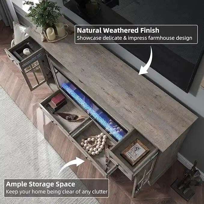 70" Farmhouse Electric Fireplace TV Stand with 4 Drawers and LED Lighting, Multi-Color
