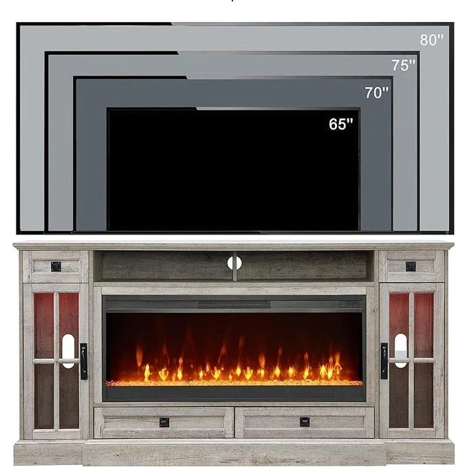 70" Farmhouse Electric Fireplace TV Stand with 4 Drawers and LED Lighting, Multi-Color