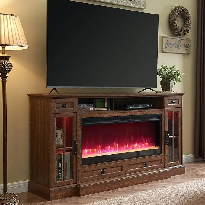 70" Farmhouse Electric Fireplace TV Stand with 4 Drawers and LED Lighting, Multi-Color