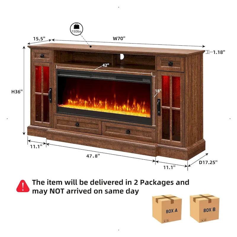 70" Farmhouse Electric Fireplace TV Stand with 4 Drawers and LED Lighting, Multi-Color