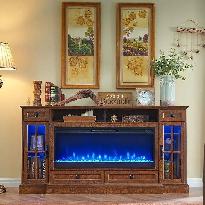 70" Farmhouse Electric Fireplace TV Stand with 4 Drawers and LED Lighting, Multi-Color