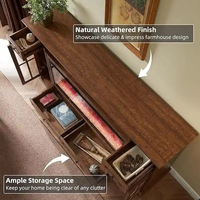 70" Farmhouse Electric Fireplace TV Stand with 4 Drawers and LED Lighting, Multi-Color