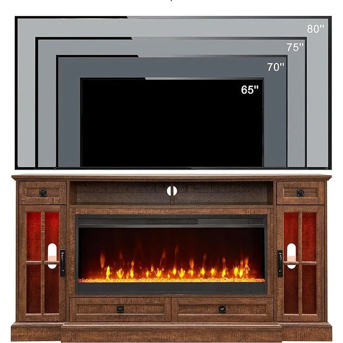 70" Farmhouse Electric Fireplace TV Stand with 4 Drawers and LED Lighting, Multi-Color