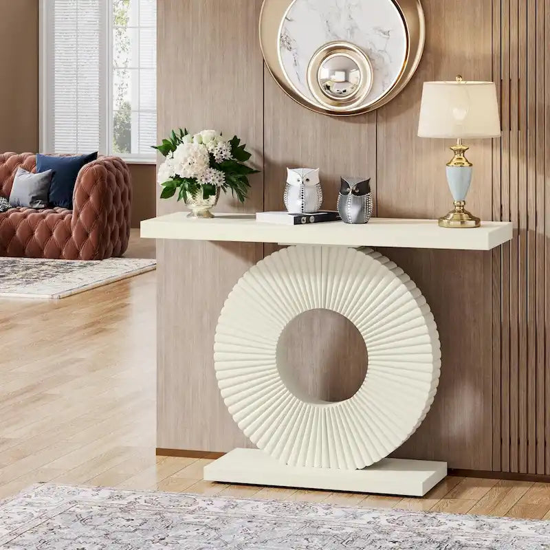 Modern MDF Console Table with Sculptural Ring Base for Entryway, Beige and Black