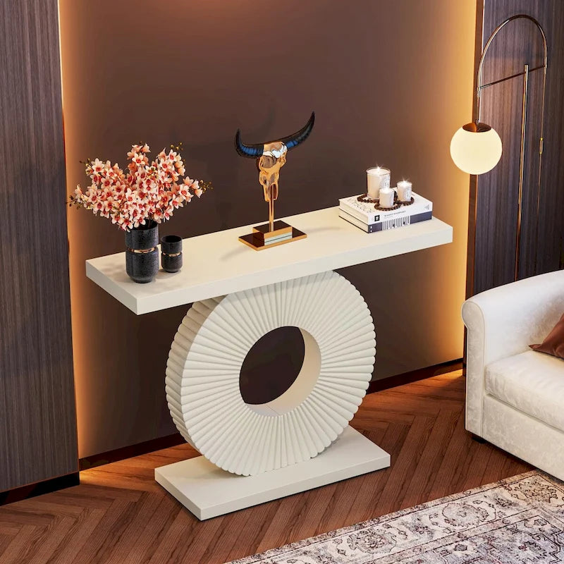 Modern MDF Console Table with Sculptural Ring Base for Entryway, Beige and Black