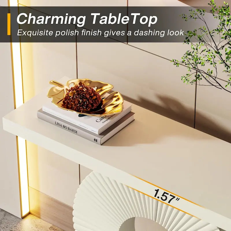 Modern MDF Console Table with Sculptural Ring Base for Entryway, Beige and Black