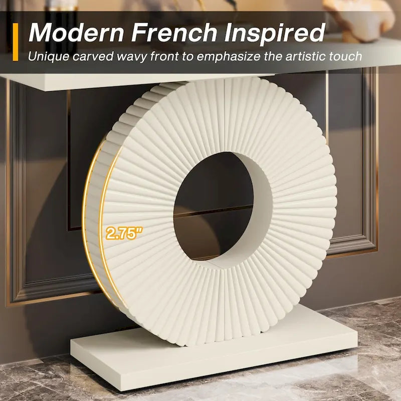 Modern MDF Console Table with Sculptural Ring Base for Entryway, Beige and Black