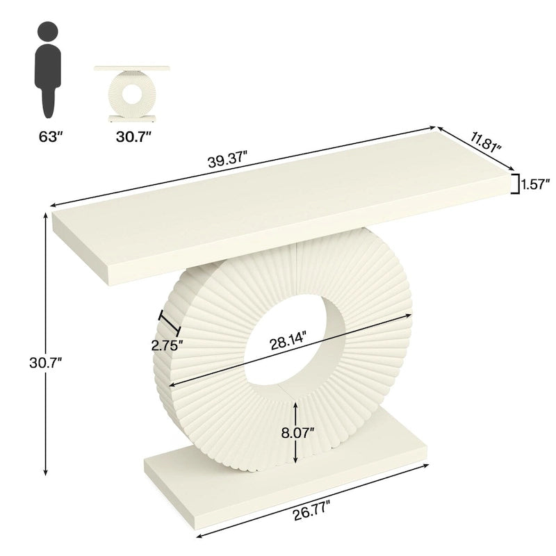 Modern MDF Console Table with Sculptural Ring Base for Entryway, Beige and Black