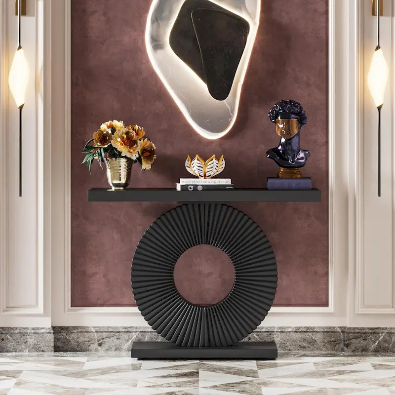 Modern MDF Console Table with Sculptural Ring Base for Entryway, Beige and Black