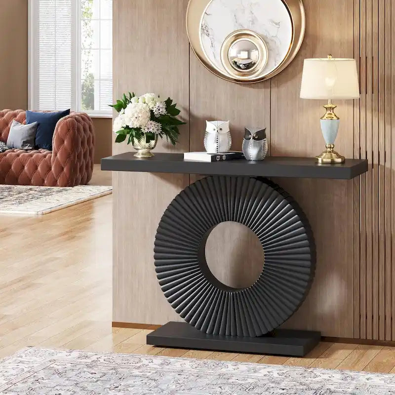 Modern MDF Console Table with Sculptural Ring Base for Entryway, Beige and Black