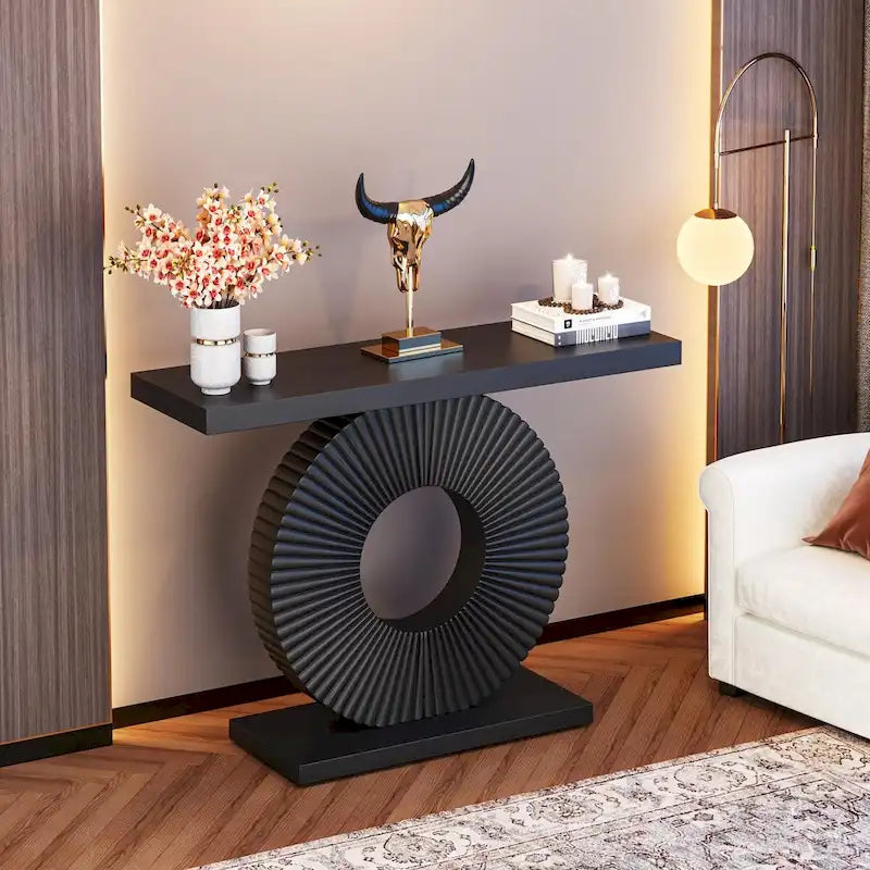 Modern MDF Console Table with Sculptural Ring Base for Entryway, Beige and Black