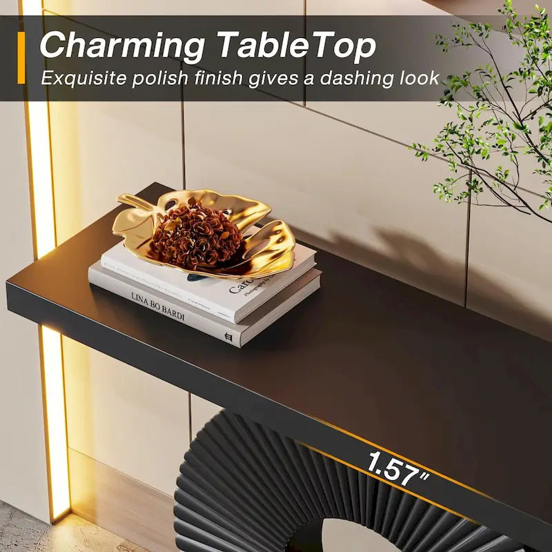 Modern MDF Console Table with Sculptural Ring Base for Entryway, Beige and Black
