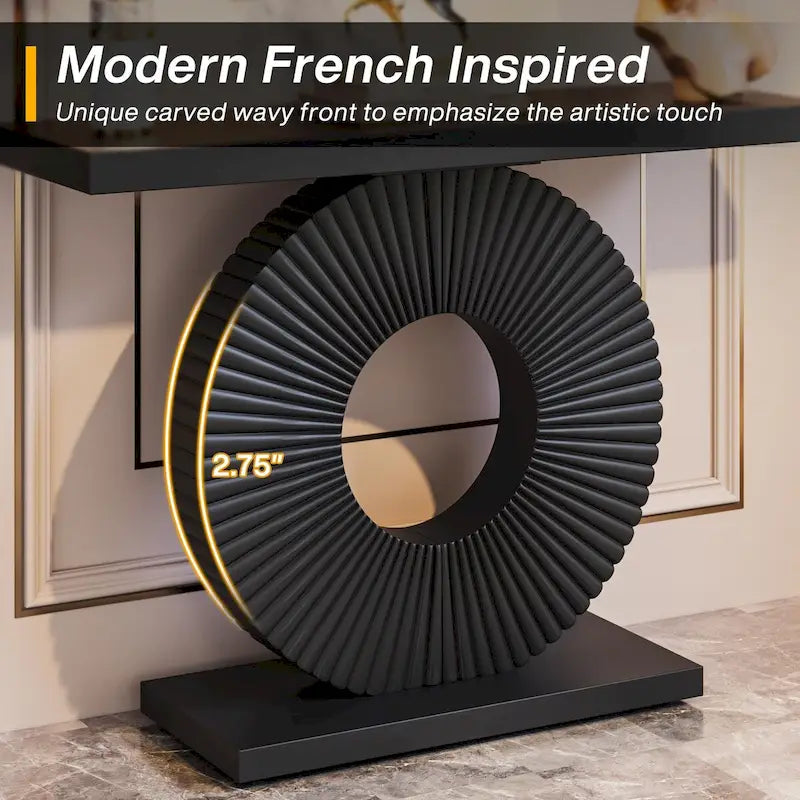 Modern MDF Console Table with Sculptural Ring Base for Entryway, Beige and Black