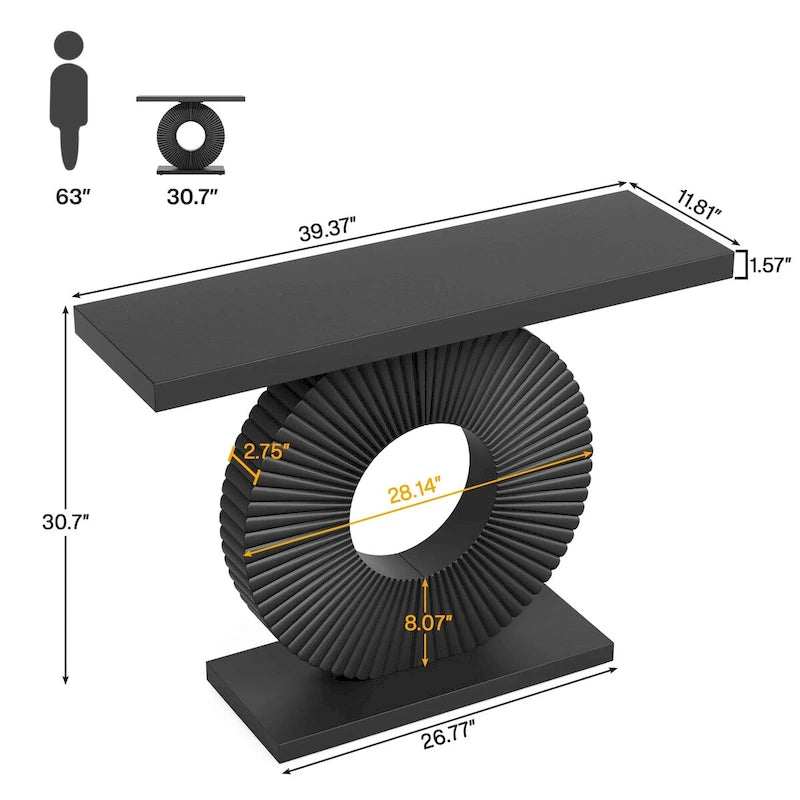 Modern MDF Console Table with Sculptural Ring Base for Entryway, Beige and Black