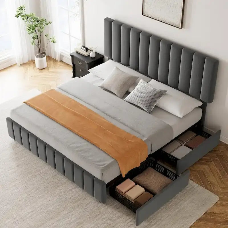 Upholstered Platform Bed Frame with 4 Storage Drawers and Adjustable Headboard, No Box Spring Needed