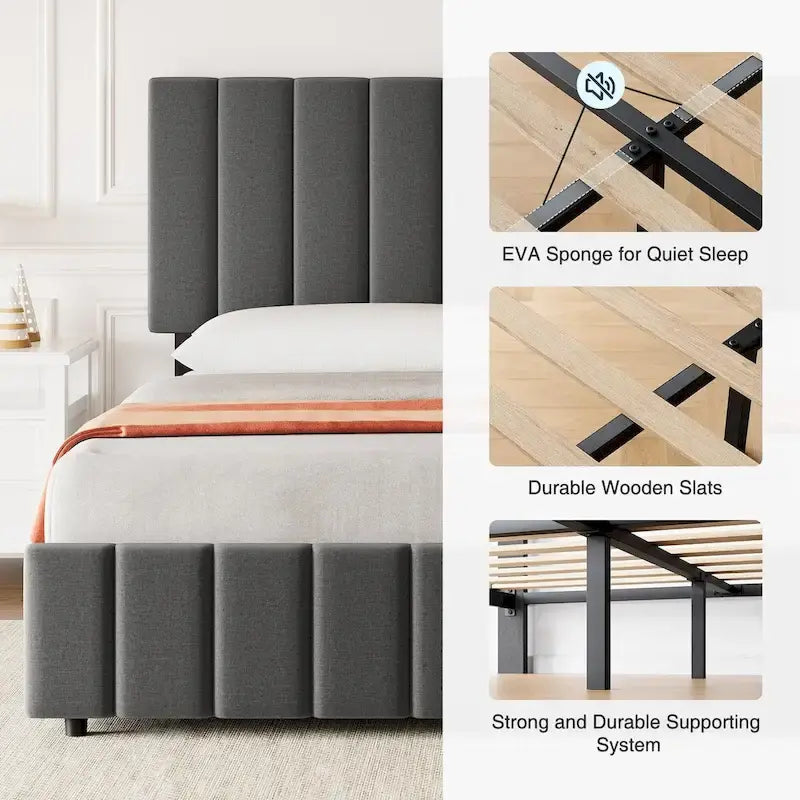 Upholstered Platform Bed Frame with 4 Storage Drawers and Adjustable Headboard, No Box Spring Needed