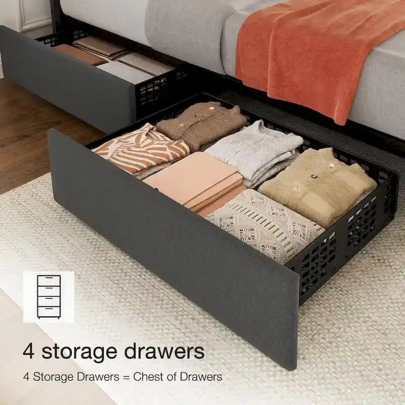 Upholstered Platform Bed Frame with 4 Storage Drawers and Adjustable Headboard, No Box Spring Needed