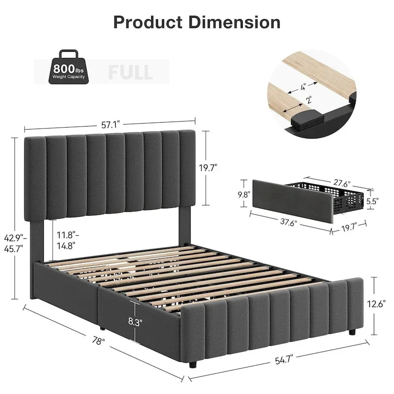 Upholstered Platform Bed Frame with 4 Storage Drawers and Adjustable Headboard, No Box Spring Needed