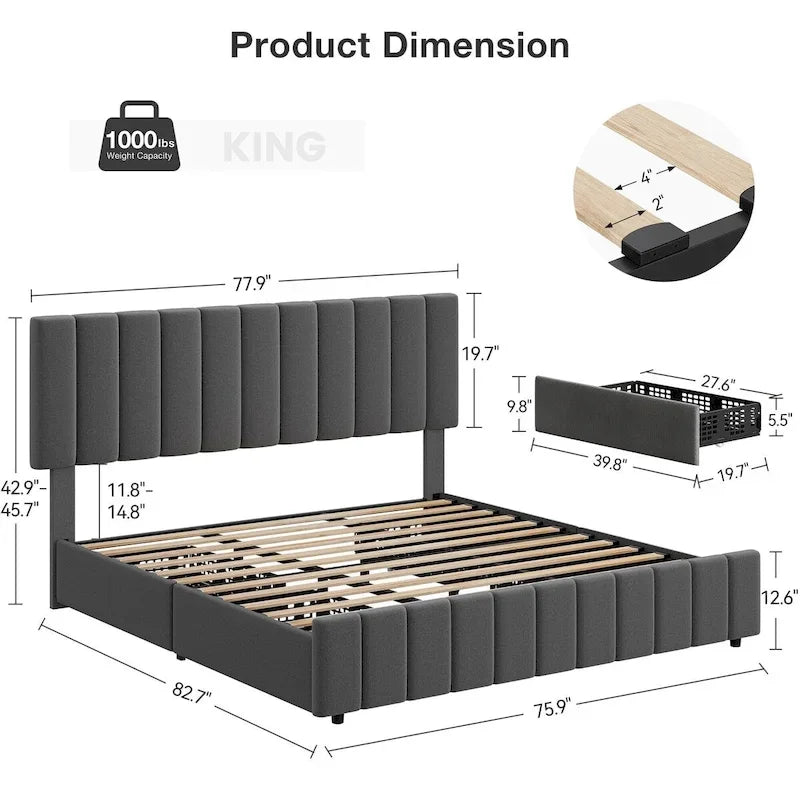 Upholstered Platform Bed Frame with 4 Storage Drawers and Adjustable Headboard, No Box Spring Needed