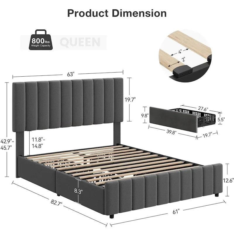 Upholstered Platform Bed Frame with 4 Storage Drawers and Adjustable Headboard, No Box Spring Needed