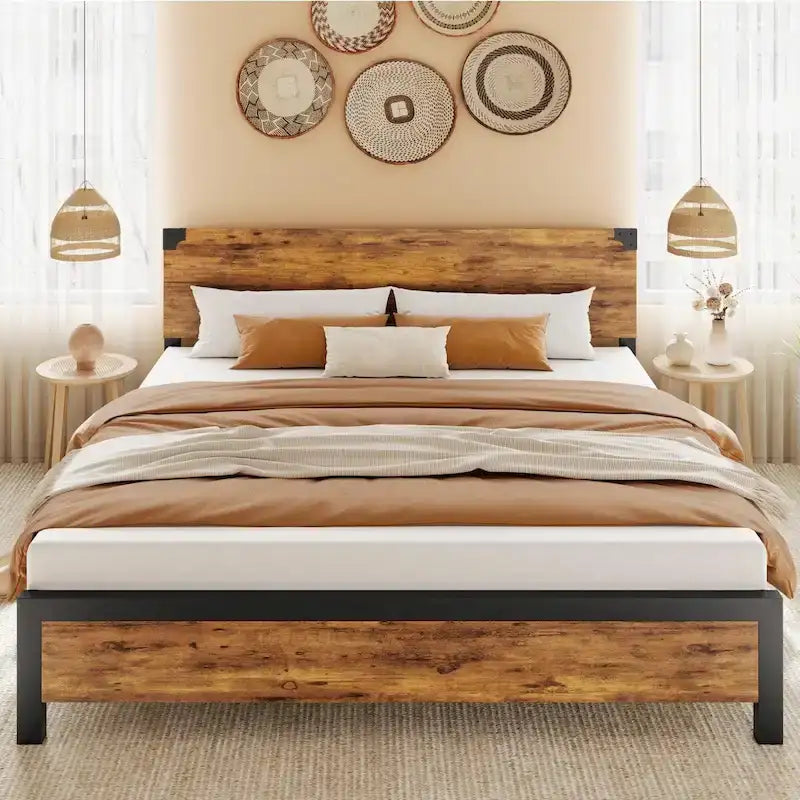 Rustic Brown Vintage Wood Platform Bed Frame with Headboard and Under-Bed Storage