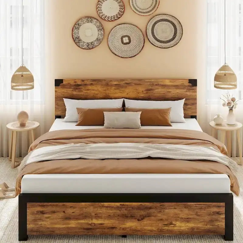 Rustic Brown Vintage Wood Platform Bed Frame with Headboard and Under-Bed Storage