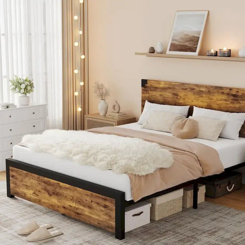 Rustic Brown Vintage Wood Platform Bed Frame with Headboard and Under-Bed Storage