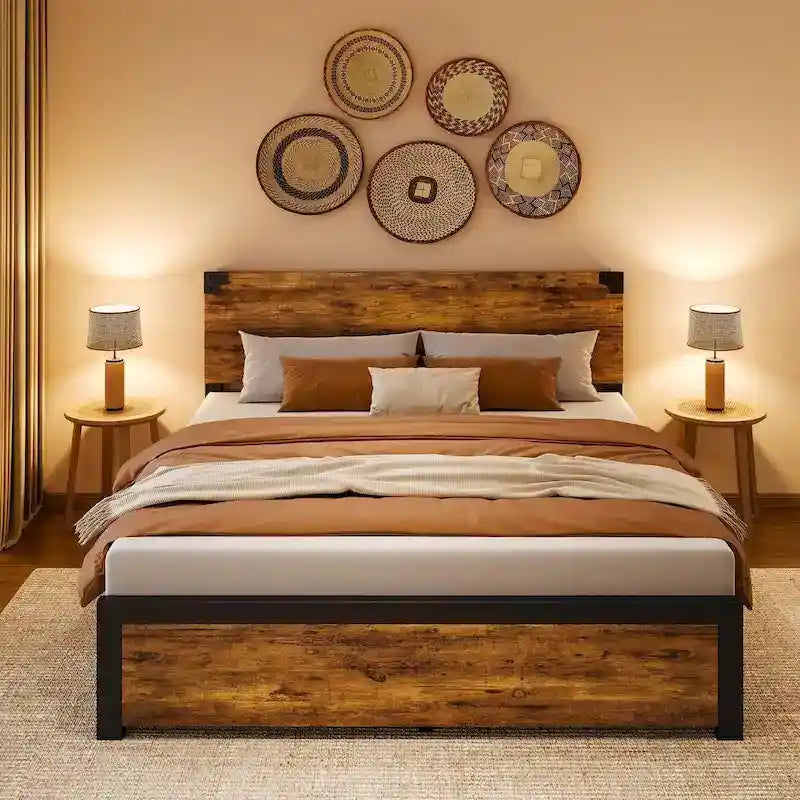 Rustic Brown Vintage Wood Platform Bed Frame with Headboard and Under-Bed Storage