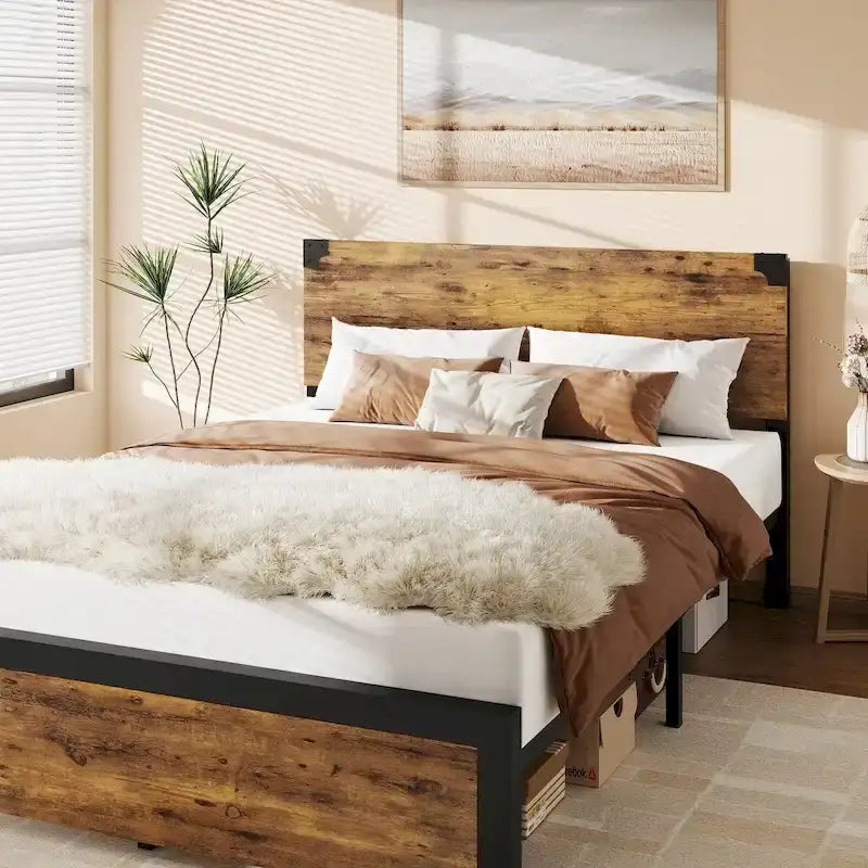 Rustic Brown Vintage Wood Platform Bed Frame with Headboard and Under-Bed Storage
