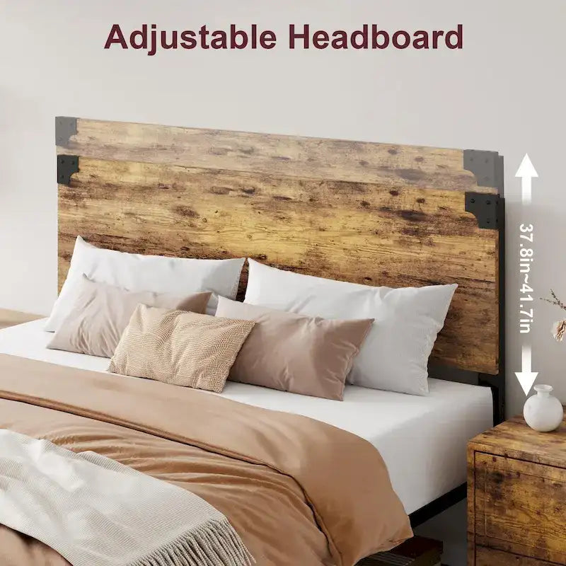Rustic Brown Vintage Wood Platform Bed Frame with Headboard and Under-Bed Storage