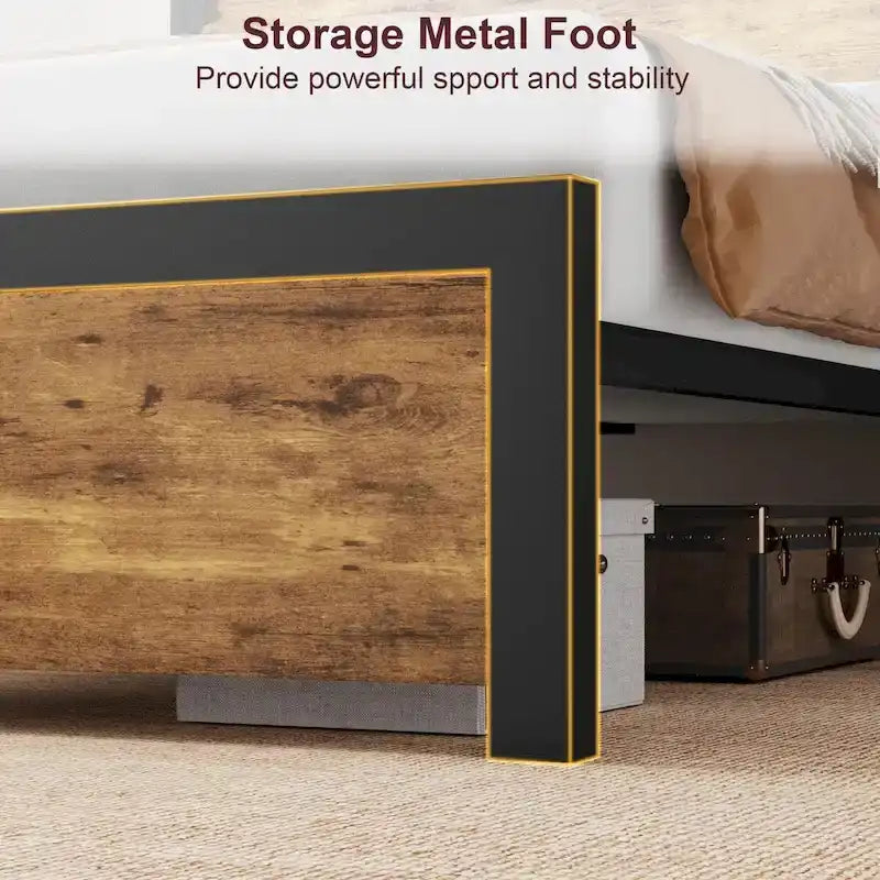 Rustic Brown Vintage Wood Platform Bed Frame with Headboard and Under-Bed Storage